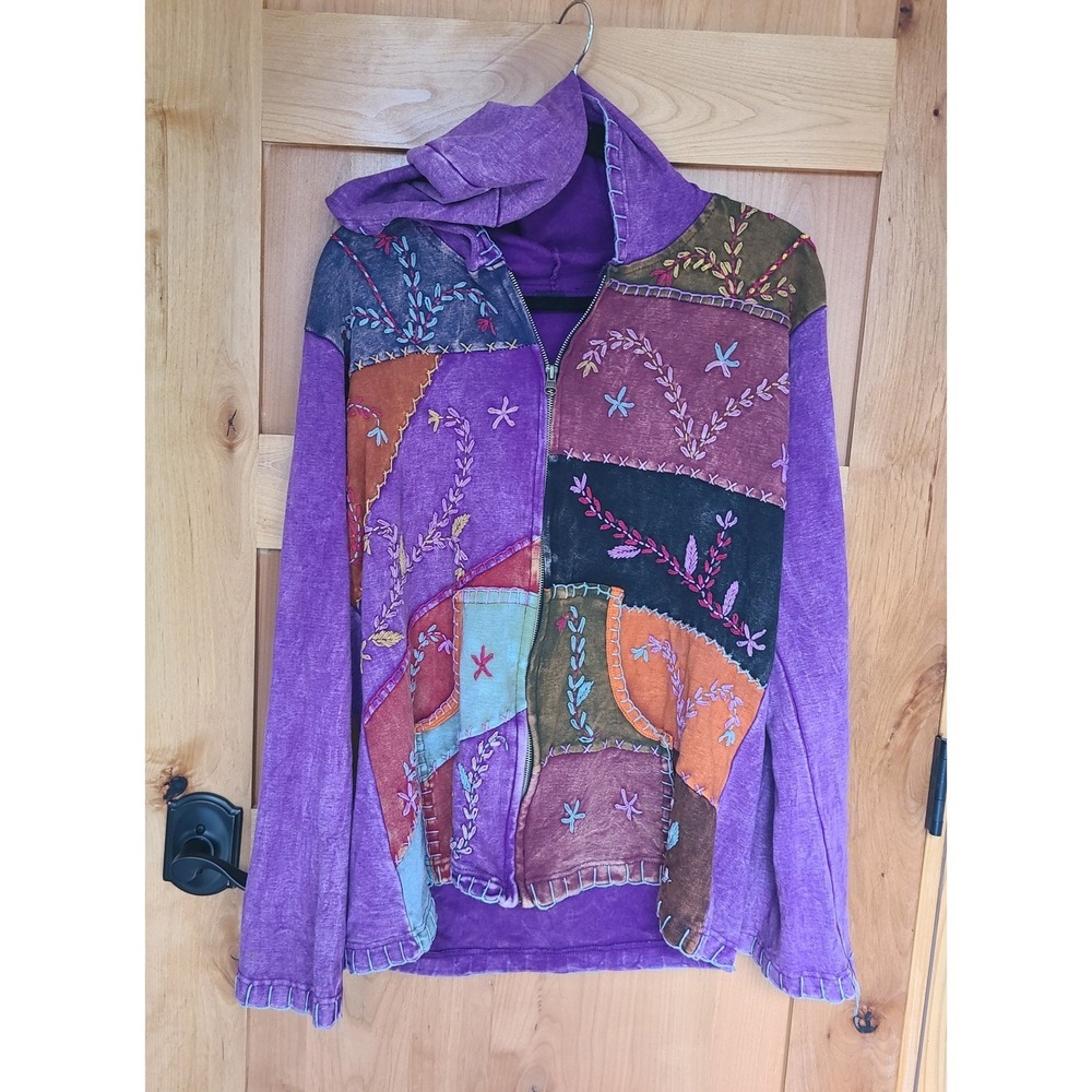 Y2K Patchwork Boho Bohemian XL Purple Zip Up Hooded Sweater Embroidered Granola - Picture 2 of 7
